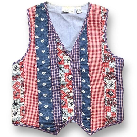 Vintage 90s Vest Tailored Suit Blue Red Heart Gingham Checkered Chambray Denim - Picture 1 of 10